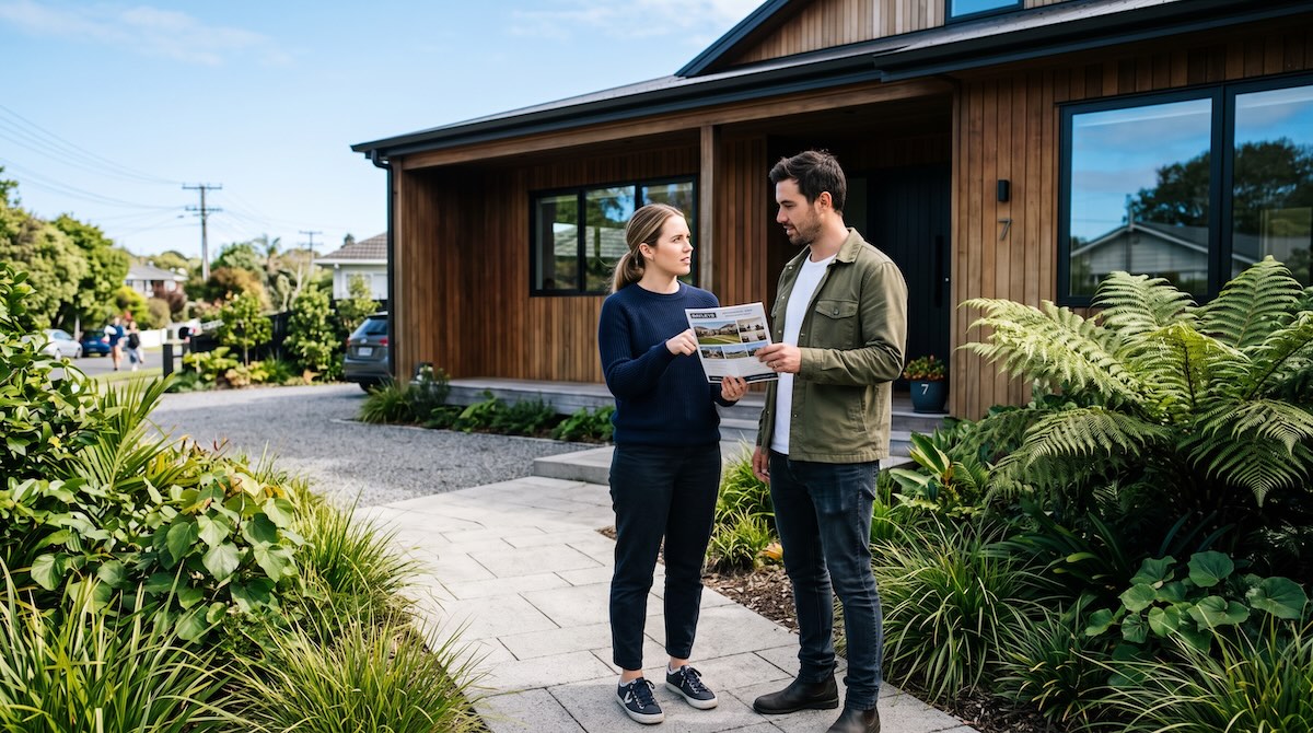 First home buyers reviewing mortgage tranche options and loan structure in an Auckland home